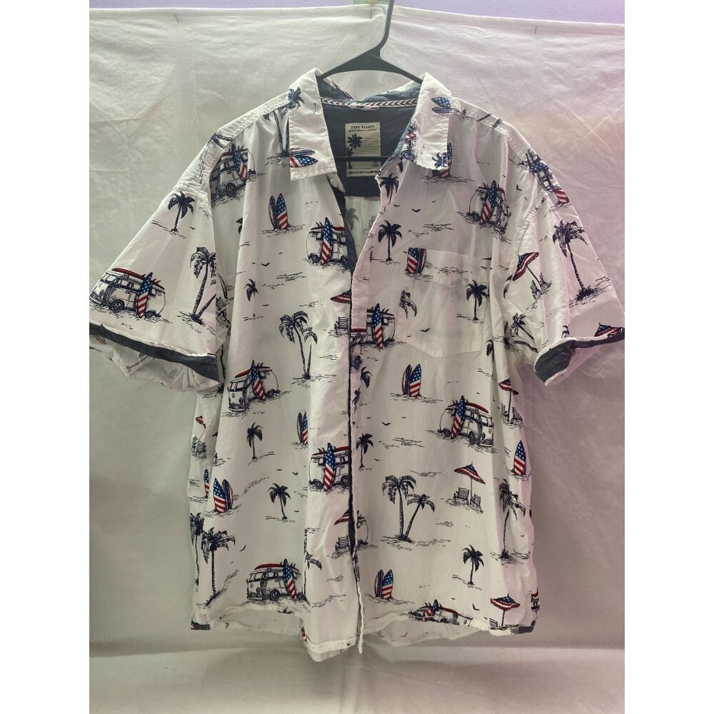 Free Planet Men's 3XL White  Cotton Shirt with Red White & Blue Tropical Theme